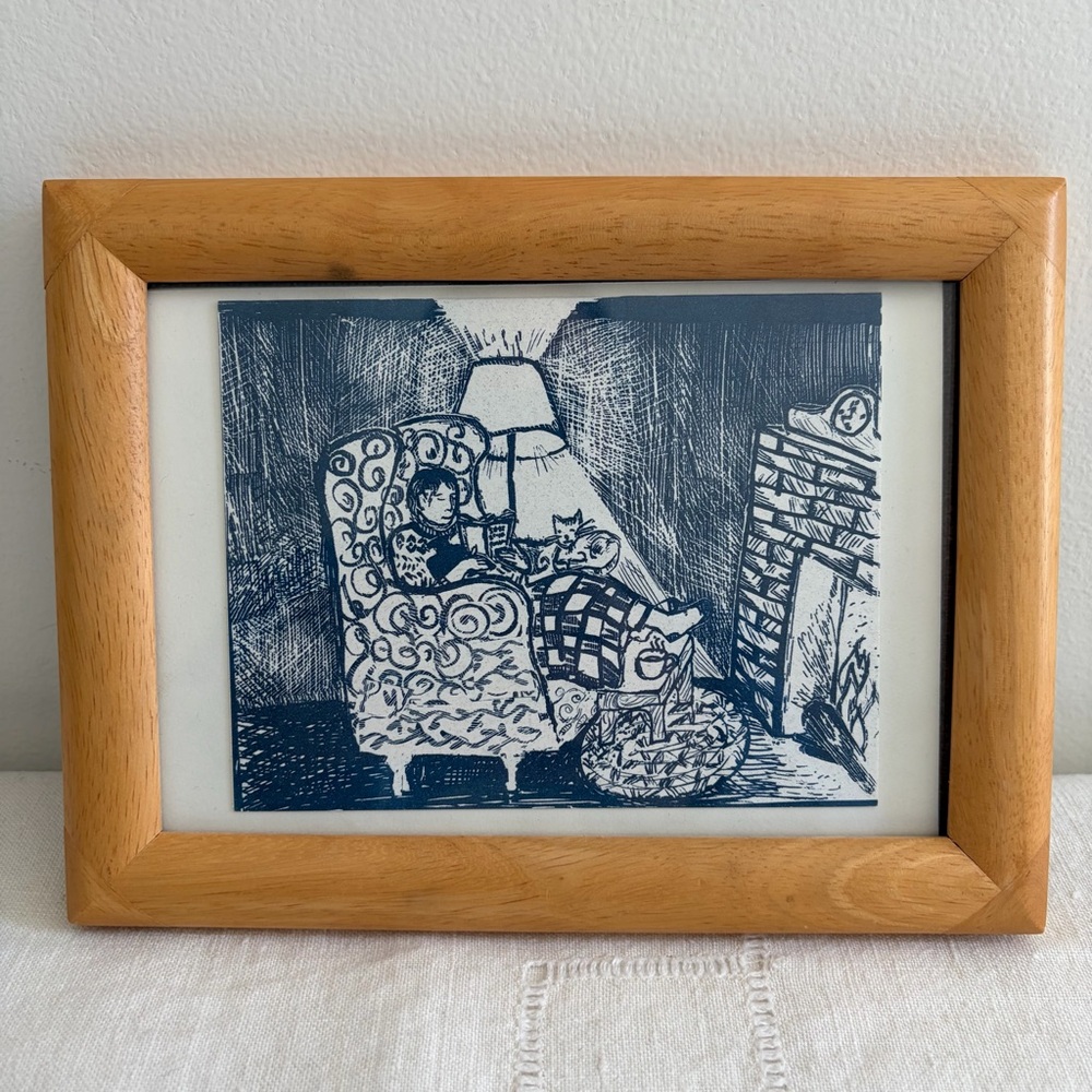 Framed Hygge Cat Scene Art in MCM Wood Frame